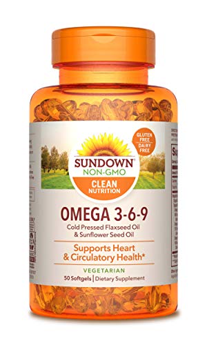 Omega 3-6-9 by Sundown, Vegetarian, Non-GMO, Free of Gluten, Dairy, Artificial Flavors, with Flaxseed Oil and Sunflower Seed Oil, 495 mg, 50 Softgels