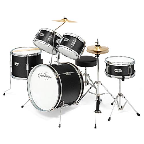 Ashthorpe 5-Piece Complete Kid's Junior Drum Set with Genuine Brass Cymbals - Children's Advanced Beginner Kit with 16' Bass, Adjustable Throne, Cymbals, Hi-Hats, Pedals & Drumsticks - Black