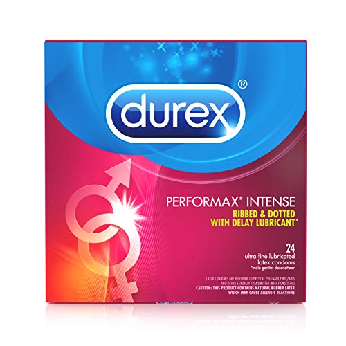 Condoms, Ultra Fine, Ribbed, Dotted with Delay Lubricant, Durex Performax Intense Natural Rubber Latex Condoms, 24 Count, Contains Desensitizing Lube for Men, FSA & HSA Eligible