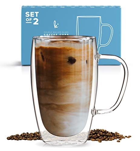 Coffee or Tea Glass Mugs Set of 2,15oz Double Wall Thermo Insulated Cups with Handle, Latte Cappuccino Espresso Glassware