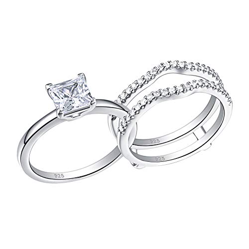 SHELOVES Solitaire Princess CZ Engagement Ring Set Wedding Band Guard Enhancers Sterling Silver Sz 6.5