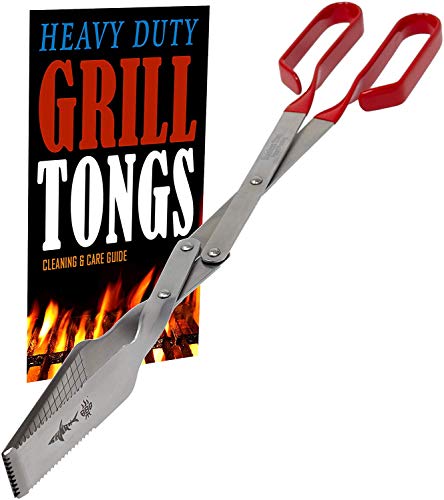 Grill Tongs - Heavy Duty Barbecue Grilling Tong w Red PVC Handle - Long Stainless Steel BBQ Tool - Wide Grip Kitchen Tongs w Knife Edge - Grill Tools - New 2020 Model