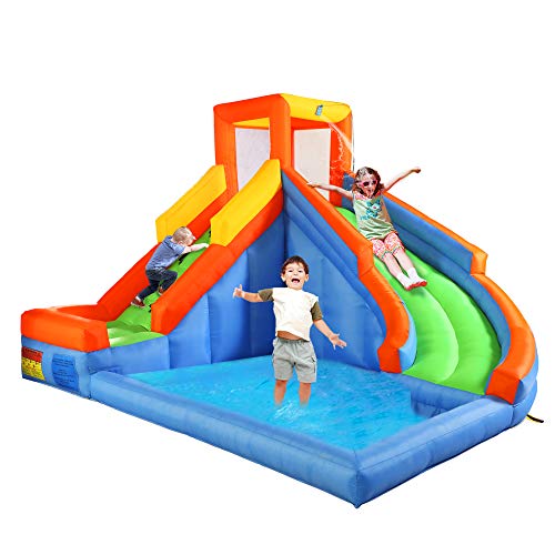 JAXPETY Inflatable Bounce House for Kids, Jump and Slide Bouncer Castle Activity Center for Children 3-10 w/ 680W Blower, Repair Kit, Carry Bag, Splash Pool & Climb Wall