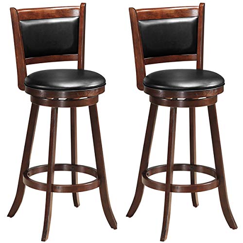 COSTWAY Bar Stools Set of 2, 360 Degree Swivel, Accent Wooden Swivel Back Counter Height Bar Stool, Fabric Upholstered Design, PVC Cushioned Seat, Perfect for Dining and Living Room (Height 29')