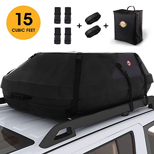Car Roof Bag Cargo Carrier, 15 Cubic Feet Waterproof Rooftop Luggage Bag Vehicle Softshell Carriers with 6 Reinforced Straps and Storage Carrying Bag for All Vehicle with/Without Rack