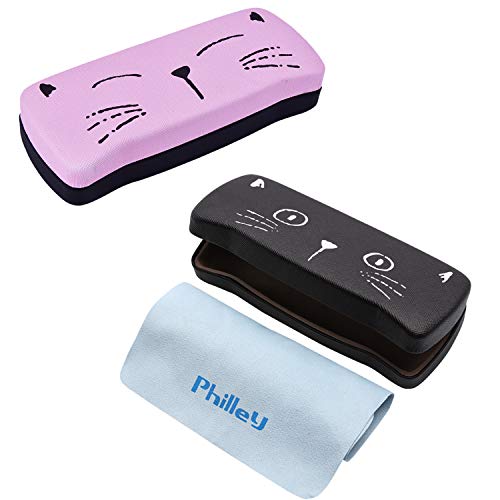 [2 PACK], Hard Shell Clamshell Eyeglasses Case, Philley Cute Cat Face Glasses Protection Case (Black+Pink)