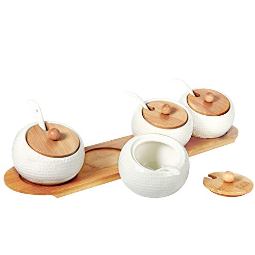 RUCKAE Ceramic Condiment Jar Spice Container with Bamboo Lid,Porcelain Spoon,Wooden Tray,Set of 4 ,White,170ML(5.8 OZ),Perfect Spice Storage for Home,Kitchen,Counter