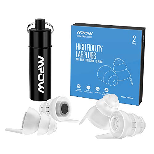 Mpow High Fidelity Earplugs, SNR 28dB Concert Ear Plugs, Noise Reduction Music Earplugs for Musicians, DJ’s, Drummers, Festival, Nightclub (Aluminum Carry Case Included)- White&Black