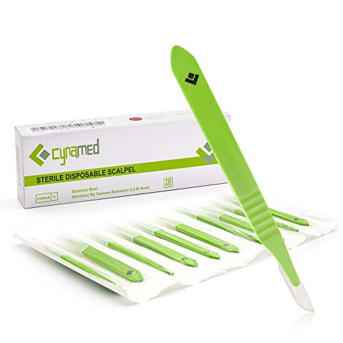 Cynamed # 10 Disposable Scalpel with Plastic Handle - Sterile Single Blade Razor for Dermaplaning, Dissection, Podiatry, Professional Grooming, Acne Removal - Surgical Stainless Steel Tool - Box of 10