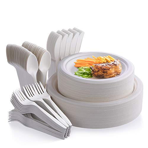 Fuyit 250Pcs Disposable Dinnerware Set, Compostable Sugarcane Cutlery Eco Friendly Tableware Includes 50 Biodegradable Paper Plates, Forks, Knives and Spoons for Party, Camping, Picnic, BBQ (White)