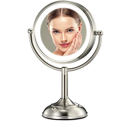 Professional 8.5' Lighted Makeup Mirror, 10X Magnifying Vanity Mirror with 32 Medical LED Lights, Senior Pearl Nickel Cosmetic Mirror,Brightness Adjustable(0-1100Lux) Desk Lamp Night Light Alternative