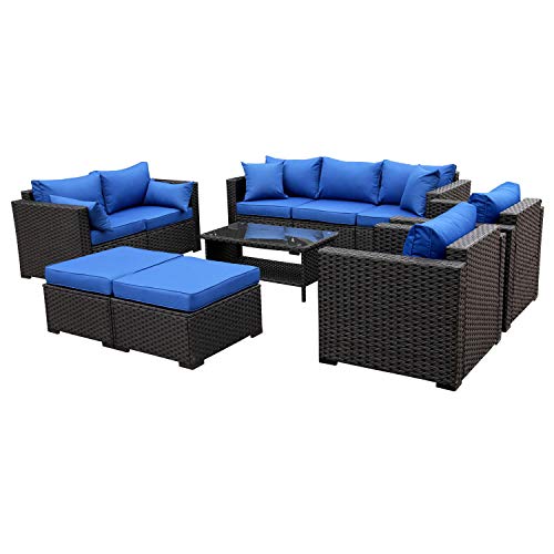 Patio PE Wicker Furniture Set -7 Pcs Outdoor Black Rattan Conversation Seat Couch Sofa Chair Set with Royal Blue Cushion