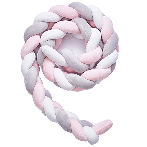 Braided Baby Crib Bumper, Bedside Protector Soft Knot Plush Pillow Newborn Gift Nursery Cradle Decor (Pink+White+Gray) (Large,158 inch)