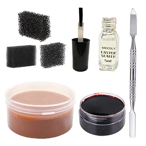 Meicoly Makeup Skin Wax Special Effects Halloween Set Stage Fake Wound Scar,Moulding Scars Wax with Spatula, Black Stipple Sponge,Coagulated Blood Gel,5ml Castor Sealer,01