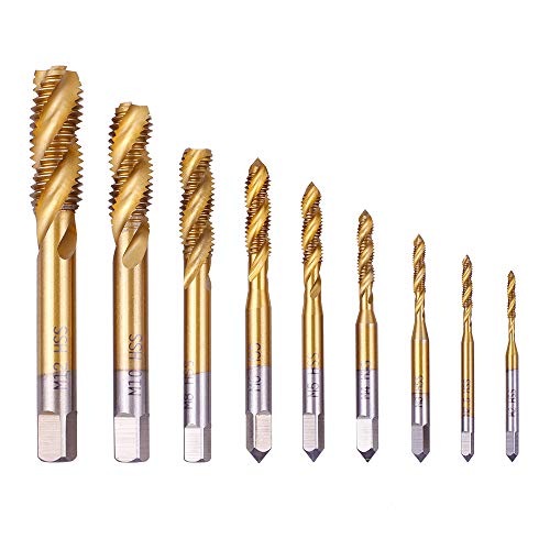 Rocaris 9 Pack of M2 M2.5 M3 M4 M5 M6 M8 M10 M12 Titanium Coated HSS Spiral Flute Metric Taps Set