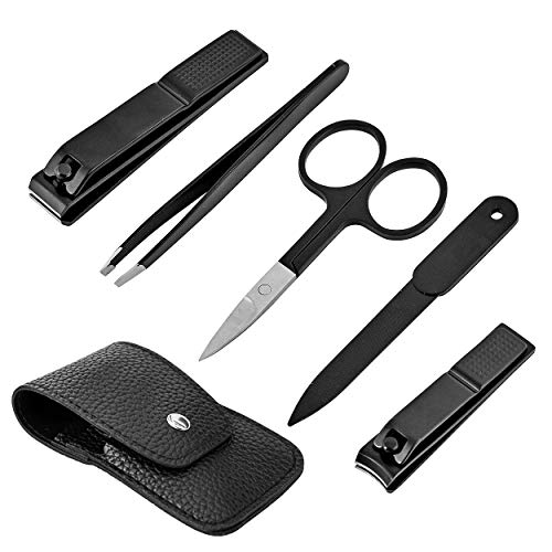 Raytix Nail Clipper Set for Men & Women – Travel Nail Care Kit with Black Stainless Steel Fingernail Clipper & Pedicure Toenail Trimmer, Nail File, Sharp Tweezers & Manicure Scissors Set of 5 (Black)