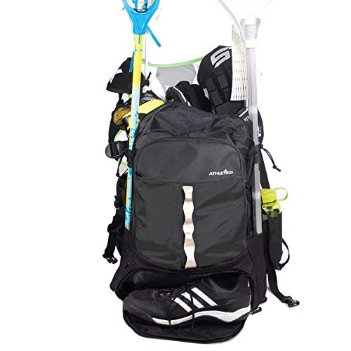 Athletico Lacrosse Bag - Extra Large Lacrosse Backpack - Holds All Lacrosse or Field Hockey Equipment - Two Stick Holders and Separate Cleats Compartment (Black)