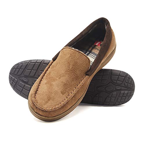 Hanes Men's Moccasin Slipper House Shoe with Indoor Outdoor Memory Foam Sole Fresh Iq Odor Protection, Tan, Large