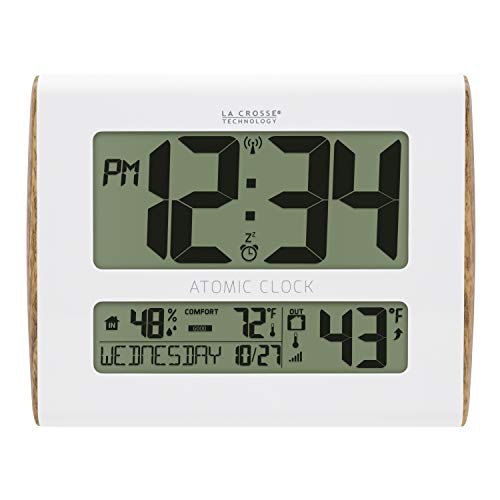 La Crosse Technology 513-1919-INT Digital Atomic Wood Sided Wall Clock with Temperature and Indoor Humidity, White