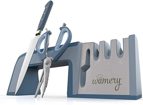 Wamery Knife Sharpener 4-Stage Kitchen Knife and Scissor Sharpeners - Easy to Use Manual Knife Sharpening Scissors Tool Restore Knives & Shears Quickly with Ergonomic Handled & Anti-Slip Safe Pads