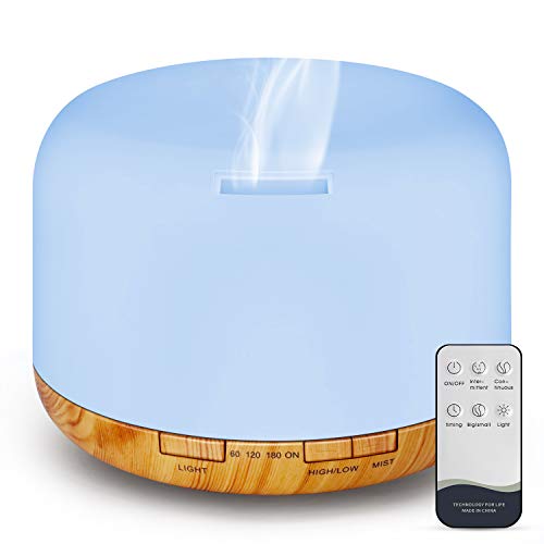 UOKIER Essential Oil Diffuser,500ml Diffusers with Remote Control,BPA-Free Ultrasonic Aromatherapy Diffuser Humidifier with Adjustable Mist Mode,Mood Light,Timer Setting & Waterless Auto-Off