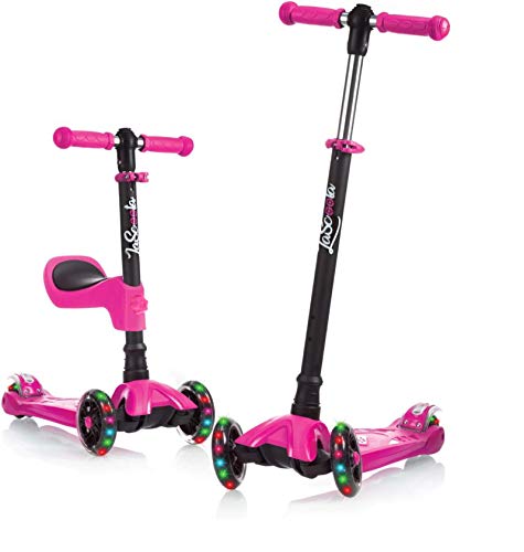 Lascoota 2-in-1 Kick Scooter with Removable Seat Great for Kids & Toddlers Girls or Boys – Adjustable Height w/Extra-Wide Deck PU Flashing Wheels for Children from 2 to 14 Year-Old (Pink)