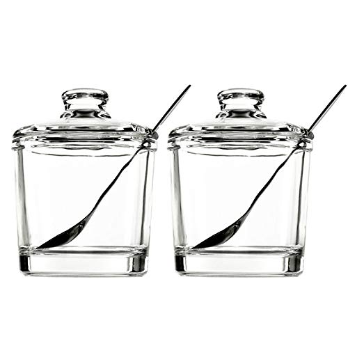 DoDola Clear Glass Sugar Bowl Spice Jar with Lid and Spoon Seasoning Box Condiment Pots 6 Ounces Set of 2