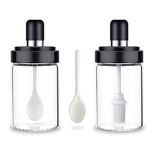 FARI 8.45 Oz Glass Condiment Jars with Lids and Serving Spoons, 2 Pack Condiment pots Spices Containers and Seasonings Bottles for Kitchen