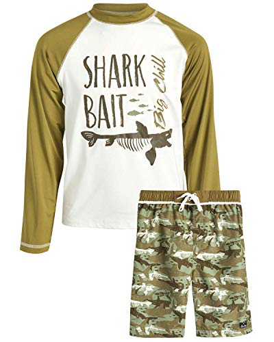 Big Chill Boys’ UPF 50+ Long Sleeve Rashguard Shirt and Board Short Set (2 Piece), Olive/Camo, Size 10/12'