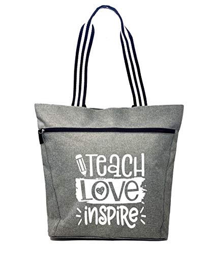 Large Teacher Tote Bags - Perfect for Work, Gifts for Teachers, Teacher Appreciation Day (Teach Love Inspire Gray)