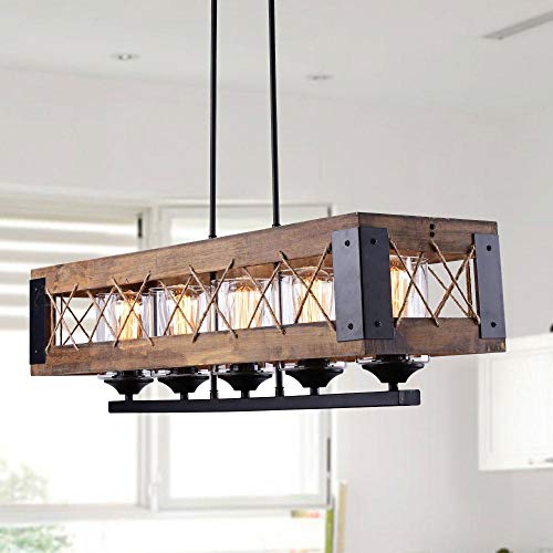 LALUZ Kitchen Island Lighting Rectangular Wood Hanging Fixture, A03145, 32” in Length, 5 Glass Globes