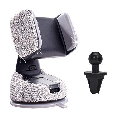 WSC Car Bling Crystal Phone Holder Strong Sticky Car Phone Mount Diamond for Dashboard Windshield Air Vent with One Air Vent Base (White)