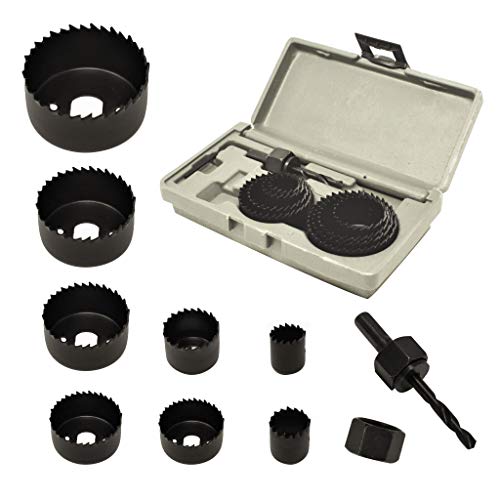 ryker hardware 10-Piece Hole Saw Kit for Wood - Durable Carbon Steel Power Drill Hole Cutter With High Precision Cutting Teeth - Woodworking HCS Hole Saw Kit For Wood, PVC, Plastic, Drywall