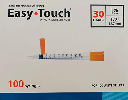 Easy Touch Syringes, 30 Gauge 1cc ½, 100 Syringes Each Box (0.5 30Gx1/2)