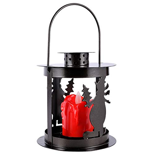 MEIGUI Vintage Decorative Lantern with LED Flickering Flameless Candle, Tabletop Lantern Decorative Outdoor, Hanging Candle Lantern for Halloween, Christmas- Snowman Pattern Coffee Glod