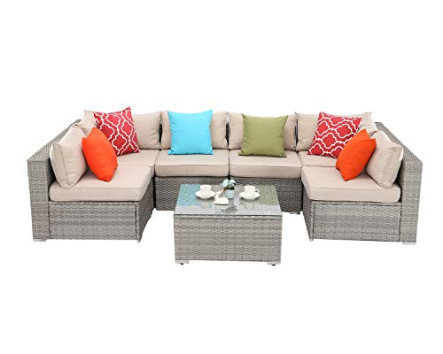 Do4U 7 Pieces Outdoor Patio Furniture Sectional Conversation Set, All-Weather Wicker Rattan Sofa Beige Seat & Back Cushions (Khaki Gray)