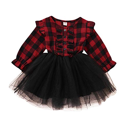 Teblacker Christmas Dresses for Baby Girls Plaid Tutu Skirt Party Princess Outfits Tulle Dress for Girls(100 Red-Button)