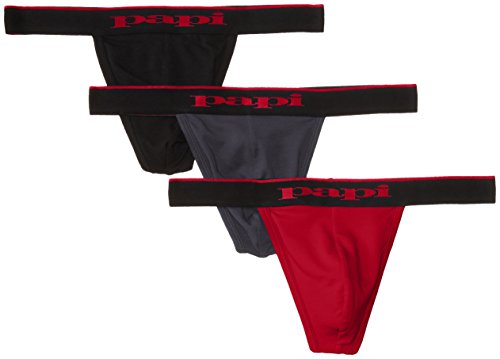 papi Men's 3-Pack Cotton Stretch Thong, Red/Grey/Black, Medium