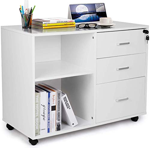 TUSY 3 Drawer File Cabinet with Lock, Mobile Lateral Filing Cabinets with Wheels, Printer Stand with Open Storage Shelves for Home Office, White