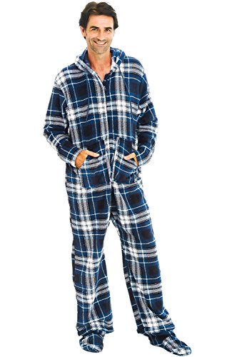 Alexander Del Rossa Men's Warm Fleece One Piece Footed Pajamas, Adult Onesie with Hood, Large Blue and White Plaid (A0320P27LG)