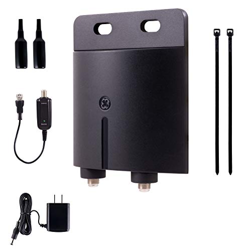 GE Outdoor TV Antenna Amplifier Low Noise Antenna Signal Booster Clears Up Pixelated Low-Strength Channels HD TV Digital VHF UHF Mounting Hardware Included Coax Connections Black 42179