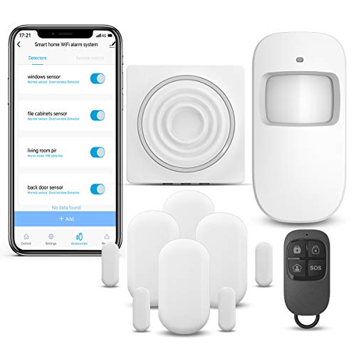 WiFi Security System WiFi Alarm System Kit Compatible with Alexa,APP Control and Message Alert Function,1 PIR Motion Sensor,1 Remote Control,4 Door Open Alarm and 1 Wi-Fi Gateway 2.4G WiFi only