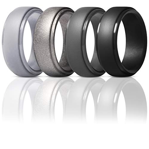 ThunderFit Silicone Rings for Men - 4 Rings Step Edge Rubber Wedding Bands 10mm Wide - 2.5mm Thick (Gun Metal, Silver, Black, Dark Grey, 9.5-10 (19.8mm))