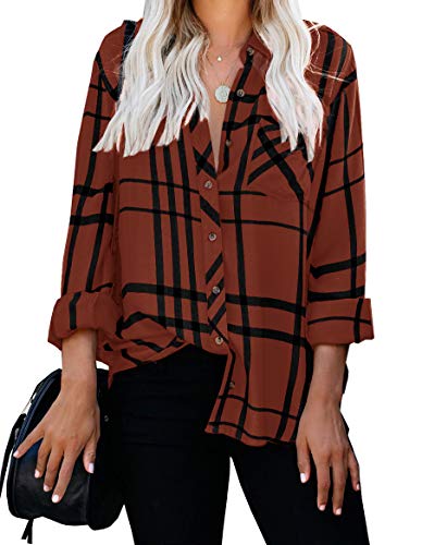 ZC&GF Women's Long Sleeve V-Neck Stripes Casual Blouses Pocket Button Down Shirt Tops (X-Large, Brown)
