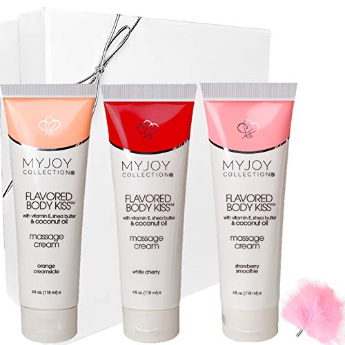Flavored Body Kiss Edible Massage Cream for Sensual Massage, Strawberry, White Cherry and Orange with Nourishing Coconut Oil, Shea Butter PH Balanced.Boxed for Gifting