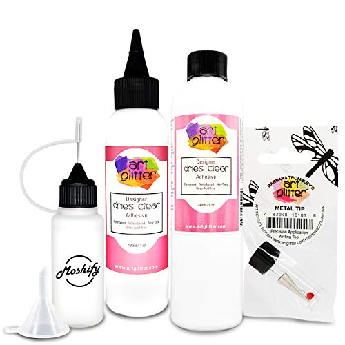 Art Glitter Glue Mega Bundle - 8oz Plus 4oz Sizes with Ultra Fine Metal Tip - Designer Dries Clear Adhesive - Bundled with Moshify 20mL Applicator Bottle and Funnel