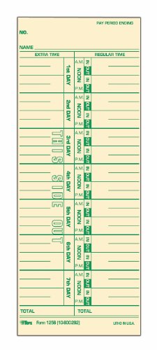 TOPS Time Cards, Weekly, 1-Sided, Numbered Days, 3-1/2' x 9', Manila, Green Print, 500-Count (1256)