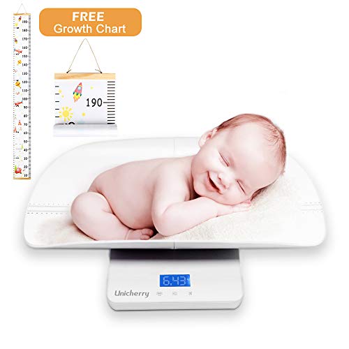 Baby Scale, Multi-Function Digital Baby Scale with Free Growth Chart to Measure Your Baby, Pets Weight Accurately. 3 Weighing Modes, Holding Function, Blue Backlight, Height Tray