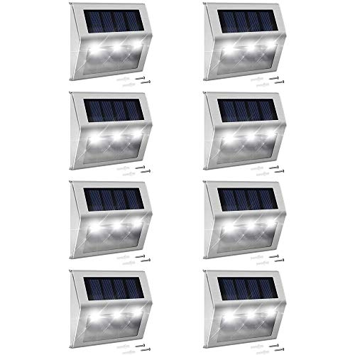 Solar Step Lights with Larger Battery Capacity JACKYLED 8-Pack Stainless Steel Bright 3 LED Solar Powered Deck Lights Weatherproof Outdoor Lighting for Steps Stairs Decks Fences Paths Patio Pathway