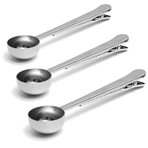 KISEER Coffee Scoop Clip, 2 in 1 Long Handle Tablespoon Stainless Steel Coffee Spoon with Bag Clip, Set of 3